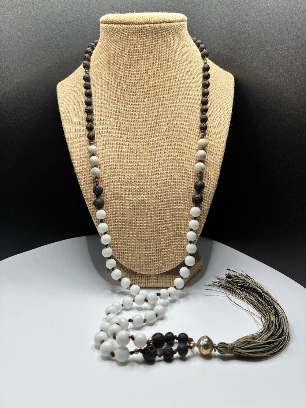 Vintage Layered Mixed Black and White Beaded Necklace with Tassel